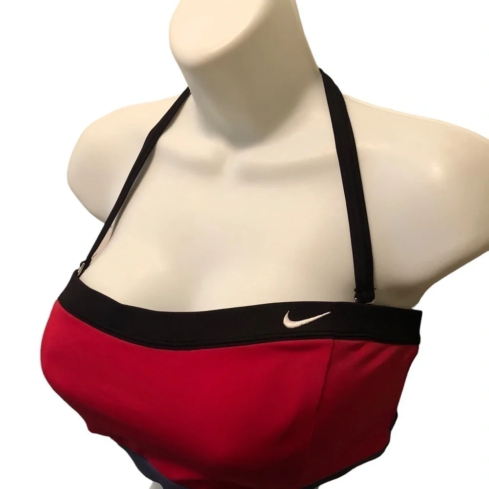 Nike Swim Bandeau Top Sz. 10 Built in Bra Red Navy Swoosh Logo Summer Pool Beach
